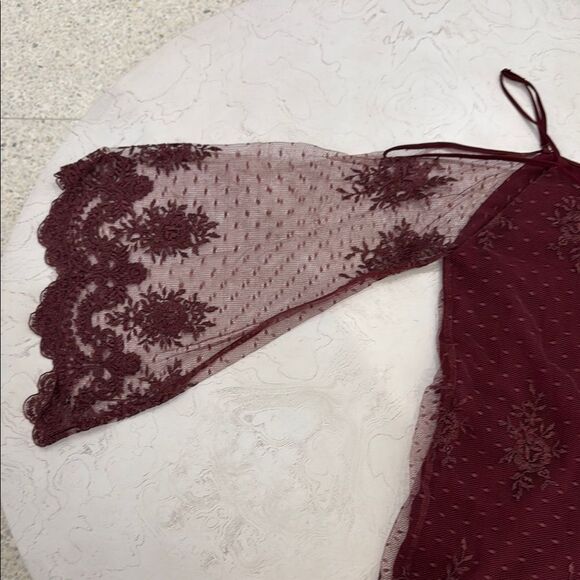 RAMONA LA RUE burgundy lace over chiffon off shoulder boho party dress S - Picture 8 of 9